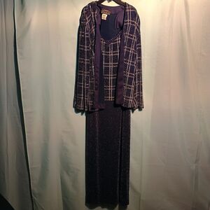 Vintage Alex Evenings Navy Glitter Dress with Plaid Jacket – Elegant Formal Set